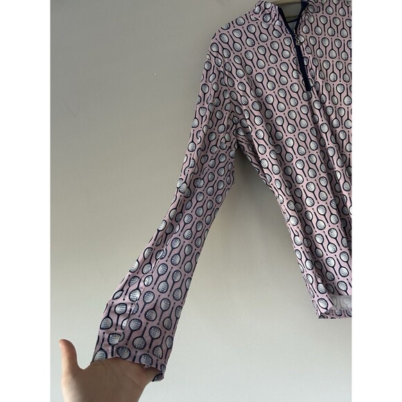 SanSoleil UPF 50+ 1/4 Zip Top with a Pink and Navy Racket Print Size Large Golf - Picture 8 of 9